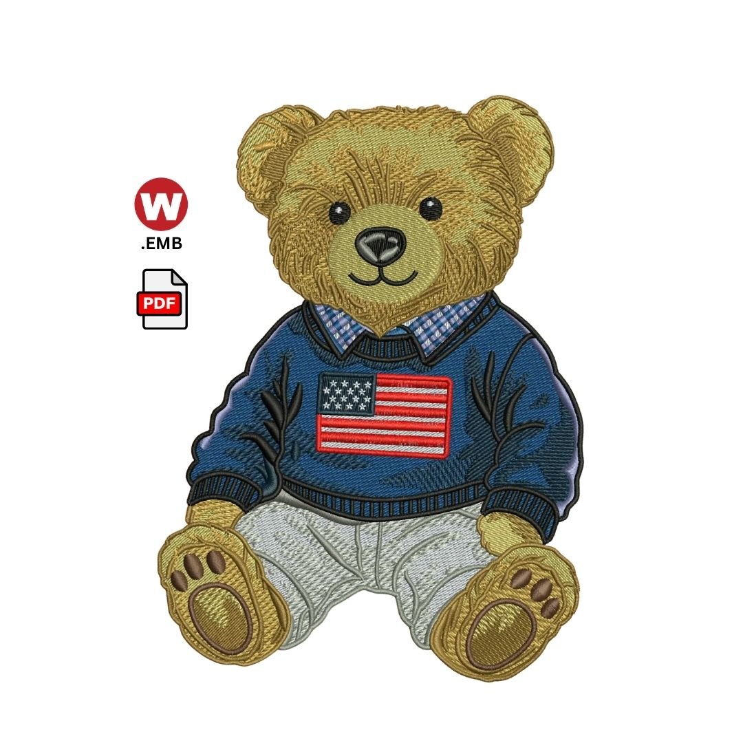 USA Flag Teddy Bear Embroidery Design